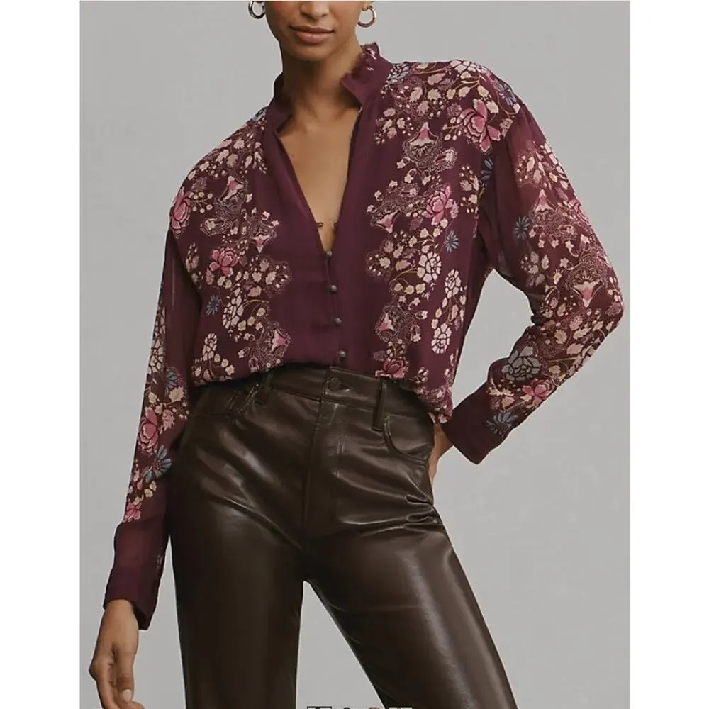 Anthropologie Pilcro Women's The Tavi Bottondown Blouse Purple Floral Sz S - Picture 8 of 9
